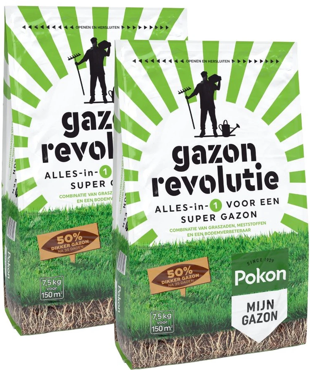 Pokon Gazon Revolutie - 2x7,5kg - Gazonmest / Graszaad / Bodemverbeteraar - Geschikt Voor 300m² - Binnen 15 Dagen Resultaat - Voordeelverpakking 3 Pokon Gazon Revolutie - 2x7,5kg - Gazonmest / Graszaad / Bodemverbeteraar - Geschikt Voor 300m² - Binnen 15 Dagen Resultaat - Voordeelverpakking