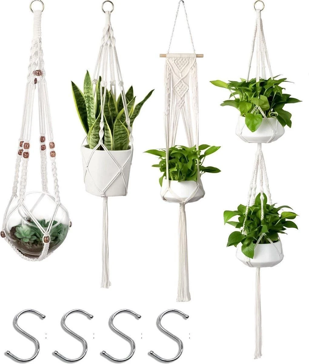 4 Stuks Plantenhangers - Boho Handgeweven Katoen Hangpot Voor Binnen/Buiten - Bloempot Met Kralen - Macramé Touw/Koord Hangplant Houder - Bohemian Wandhanger Decoratie - Verticale Tuin Plant Hanger Bloempothouder Planthanger Wit 3 4 Stuks Plantenhangers - Boho Handgeweven Katoen Hangpot Voor Binnen/Buiten - Bloempot Met Kralen - Macramé Touw/Koord Hangplant Houder - Bohemian Wandhanger Decoratie - Verticale Tuin Plant Hanger Bloempothouder Planthanger Wit