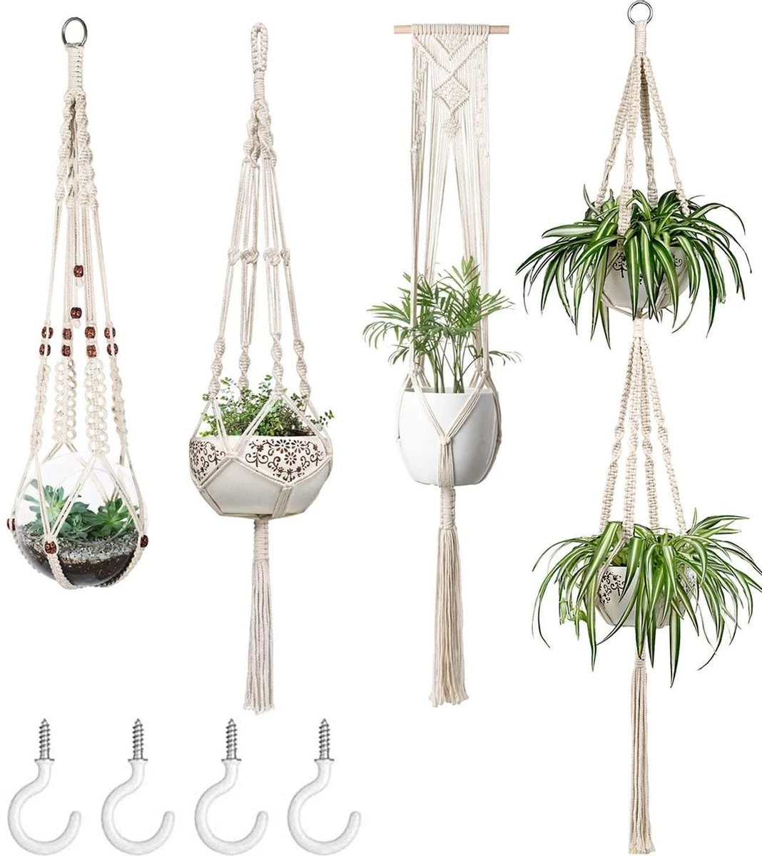 4 Stuks Plantenhangers - Boho Handgeweven Katoen Hangpot Voor Binnen/Buiten - Bloempot Met Kralen - Macramé Touw/Koord Hangplant Houder - Bohemian Wandhanger Decoratie - Verticale Tuin Plant Hanger Bloempothouder Planthanger Wit 9 4 Stuks Plantenhangers - Boho Handgeweven Katoen Hangpot Voor Binnen/Buiten - Bloempot Met Kralen - Macramé Touw/Koord Hangplant Houder - Bohemian Wandhanger Decoratie - Verticale Tuin Plant Hanger Bloempothouder Planthanger Wit - Afbeelding 7