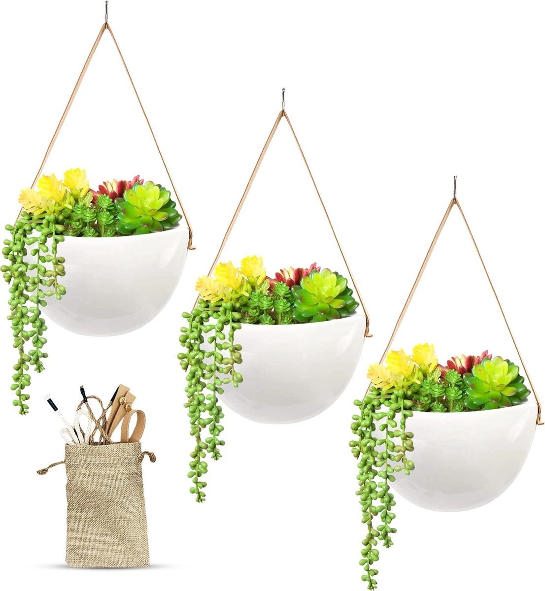 Plantenhanger Keramiek – Set Van 3 – Wit Steen- Hangpot – Hangende Bloempot Plantenpot - 3 Verschillende Koorden - 18 X 11 X 7 Cm 5 Plantenhanger Keramiek – Set Van 3 – Wit Steen- Hangpot – Hangende Bloempot Plantenpot - 3 Verschillende Koorden - 18 X 11 X 7 Cm - Afbeelding 3