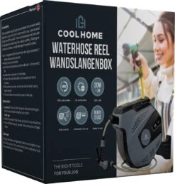 CoolHome - Wandslangenbox 20 Meter + 2 Meter - Tuinslang Met Haspel- Slangenhouder 180° Draaibaar - Tuinslanghaspel Zwart - Grijs -Tuinverzorgings Winkel 1146x1200