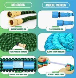 MD-Goods ® Super Sterk Uitrekbare Tuinslang Tot 30 Meter + GRATIS Tas En Koppelstuk - Tuinsproeier - Tuin Besproeien - Waterslang - Sproeikop - Groen - Flexibel Elastisch -Tuinverzorgings Winkel 1169x1200