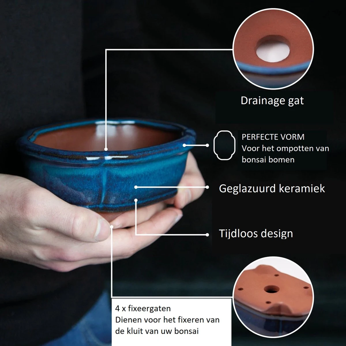 Happy Seed Keramieken Bonsai Pot (schaal) - Marine Blauw - Geglazuurd 7 Happy Seed Keramieken Bonsai Pot (schaal) - Marine Blauw - Geglazuurd - Afbeelding 5