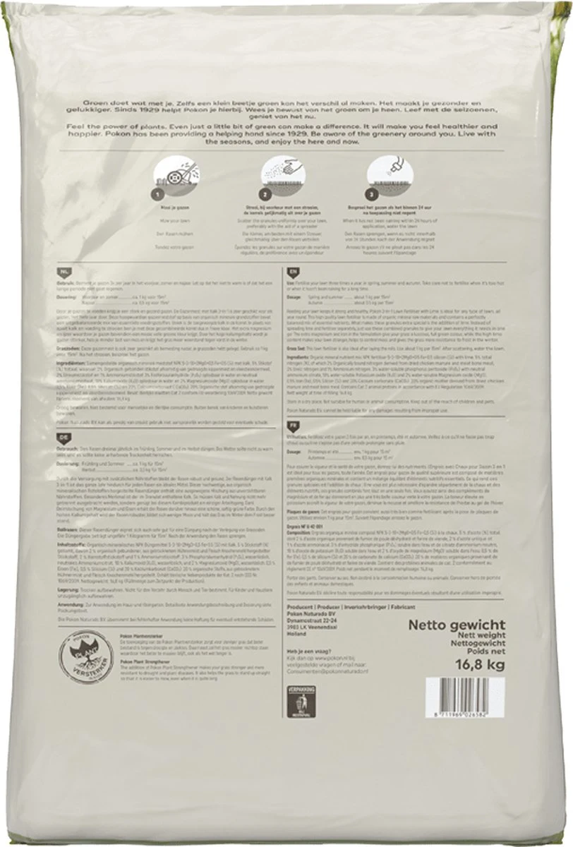 Pokon Gazonmest Met Kalk - 16,8kg - Mest - Geschikt Voor 250m² - 120 Dagen Voeding 9 Pokon Gazonmest Met Kalk - 16,8kg - Mest - Geschikt Voor 250m² - 120 Dagen Voeding - Afbeelding 7