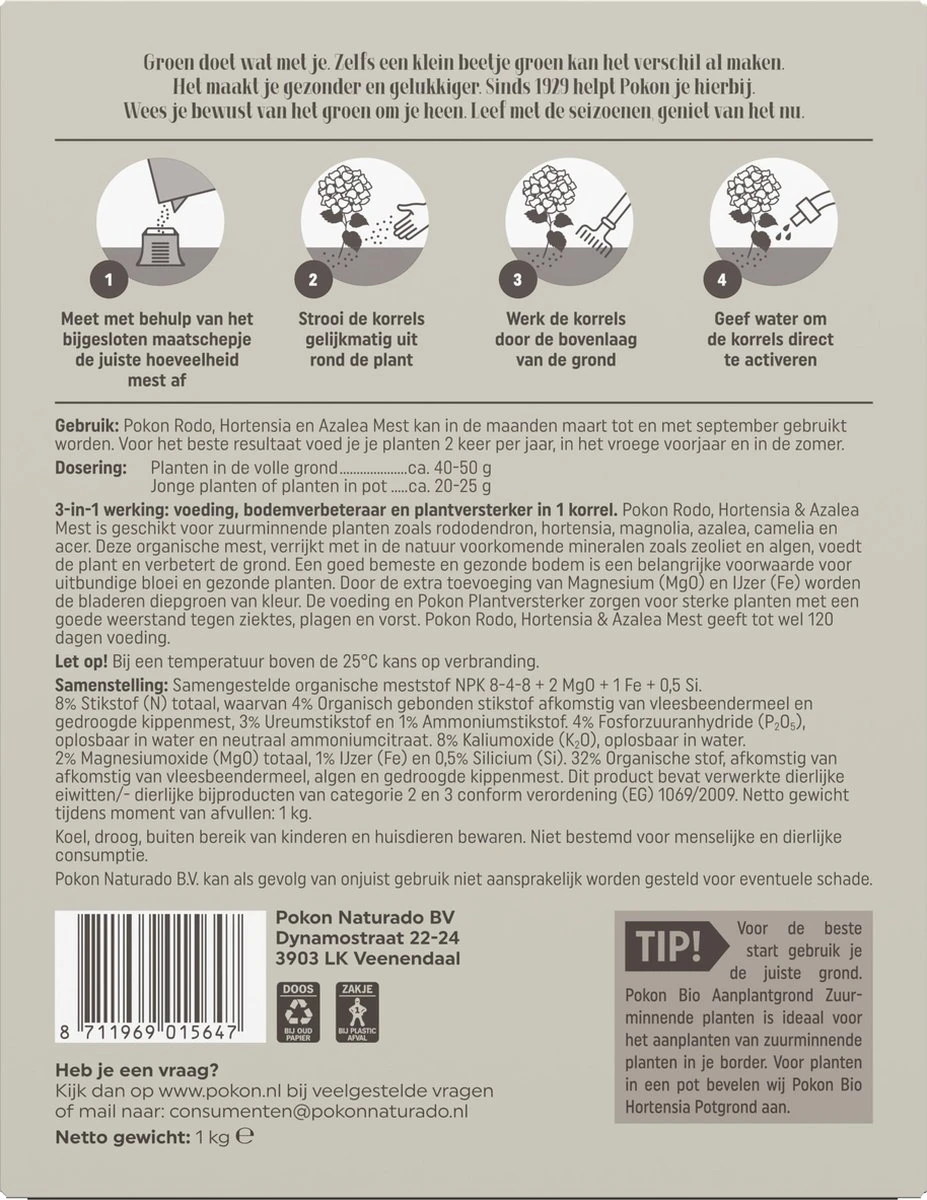 Pokon Rhododendron, Hortensia & Azalea Mest - 1kg - Meststof - 3-in-1 Werking 7 Pokon Rhododendron, Hortensia & Azalea Mest - 1kg - Meststof - 3-in-1 Werking - Afbeelding 5